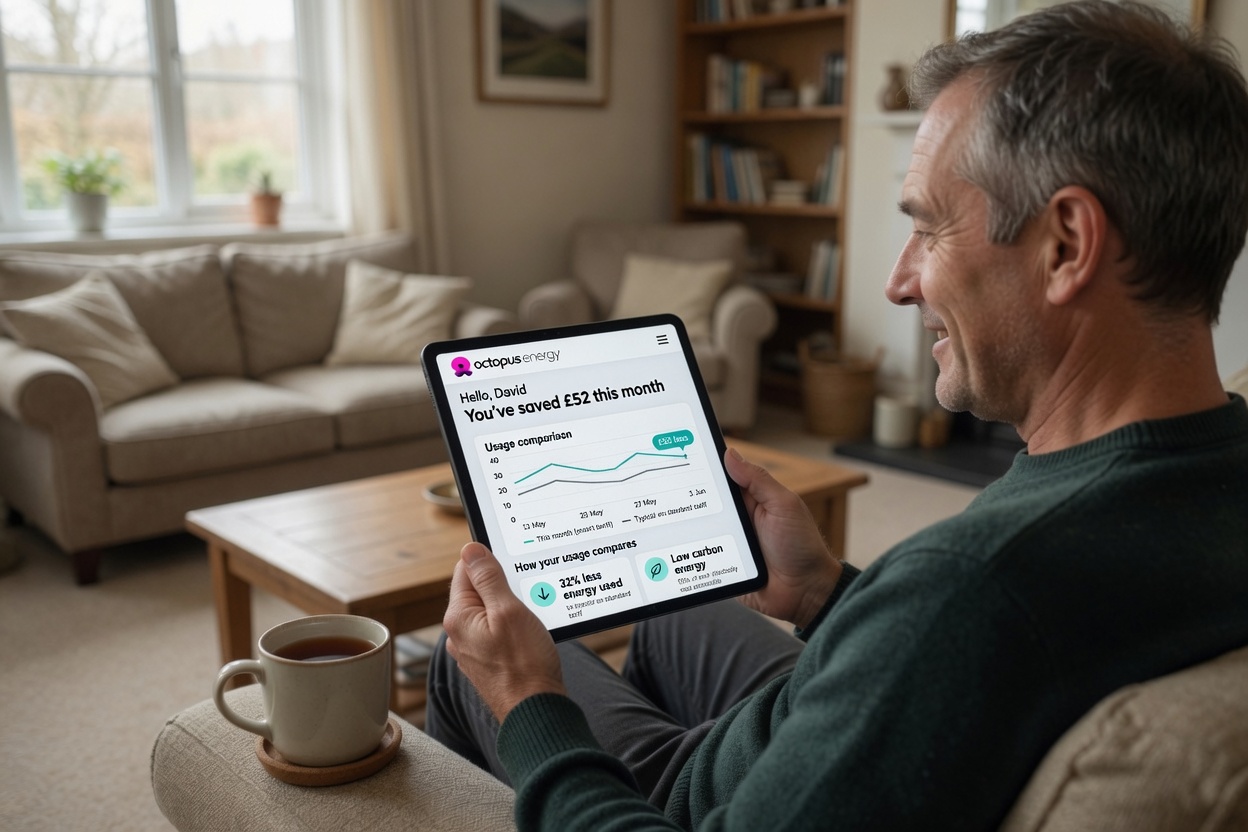 UK homeowner checking Octopus Energy smart tariff savings on tablet at home