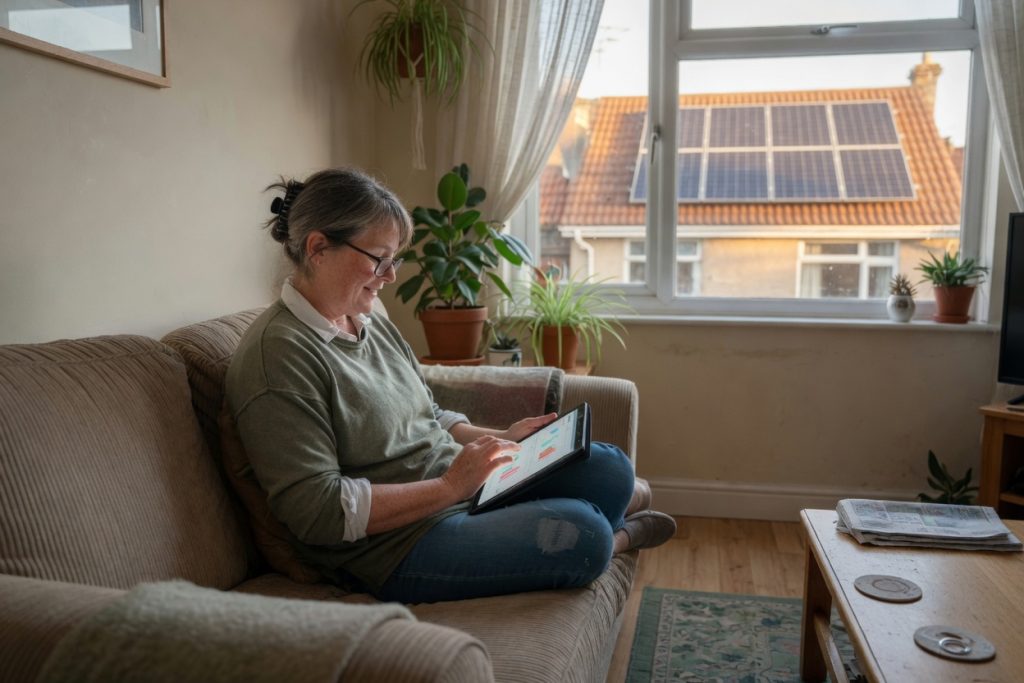 UK homeowner checking solar panel energy savings on a tablet at home with solar panels visible through the window