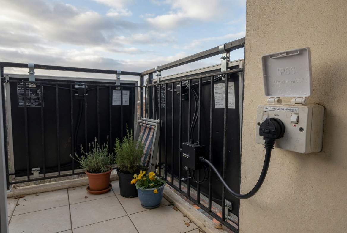Balcony solar panel plug-in connection showing micro-inverter and UK weatherproof outdoor socket