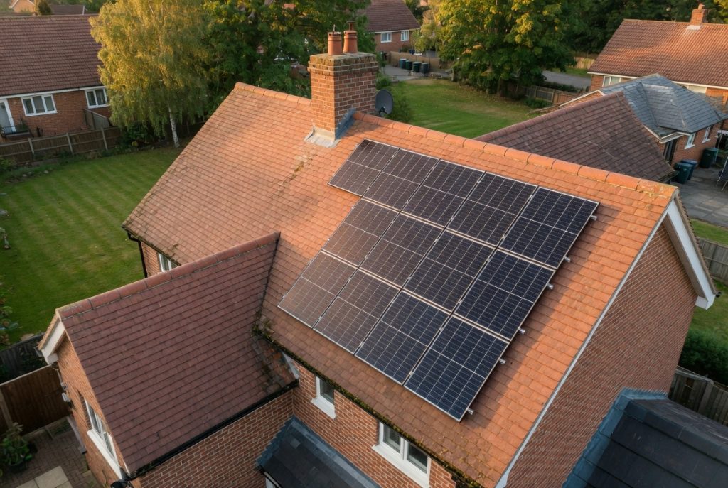 Aerial view of solar panels installed on a UK detached house roof in a suburban neighbourhood