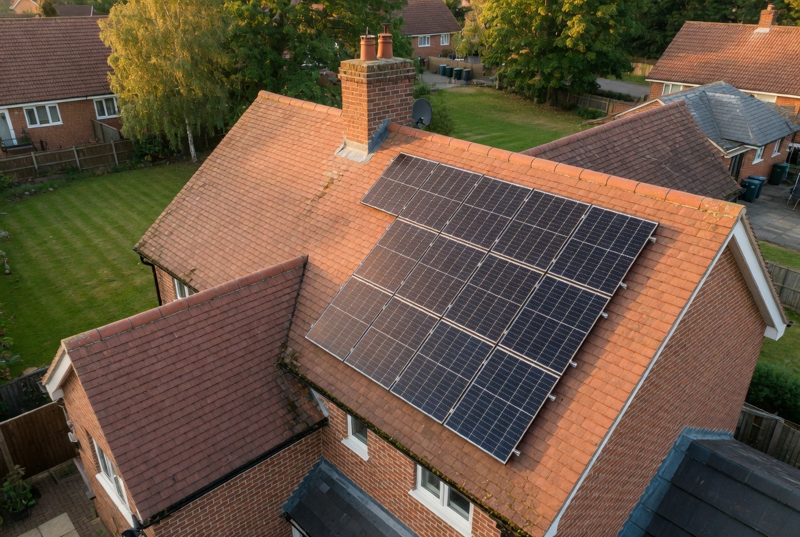 Aerial view of solar panels installed on a UK detached house roof in a suburban neighbourhood