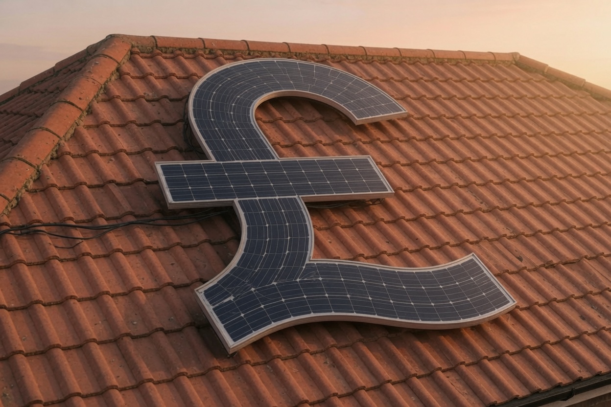 Solar panels shaped as a pound sign on a UK roof, representing solar panel savings