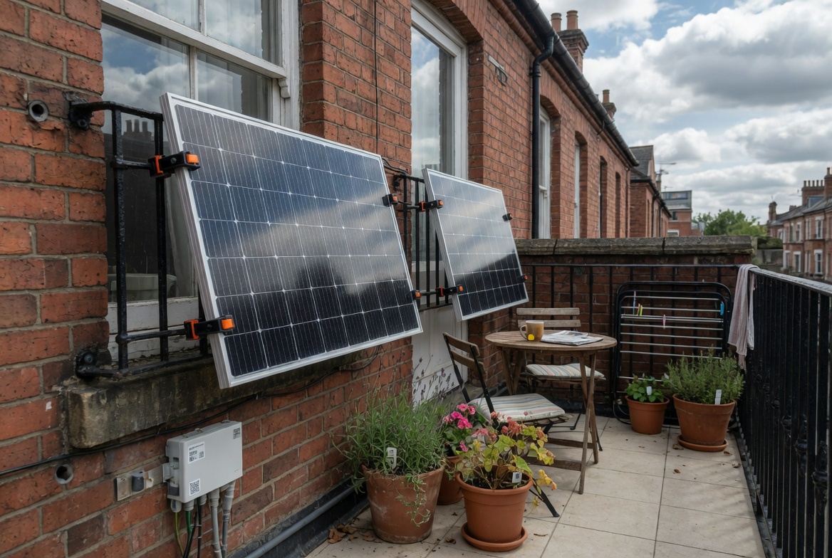 Balcony solar panels mounted on a UK terraced house wall with micro-inverter unit visible, urban setting
