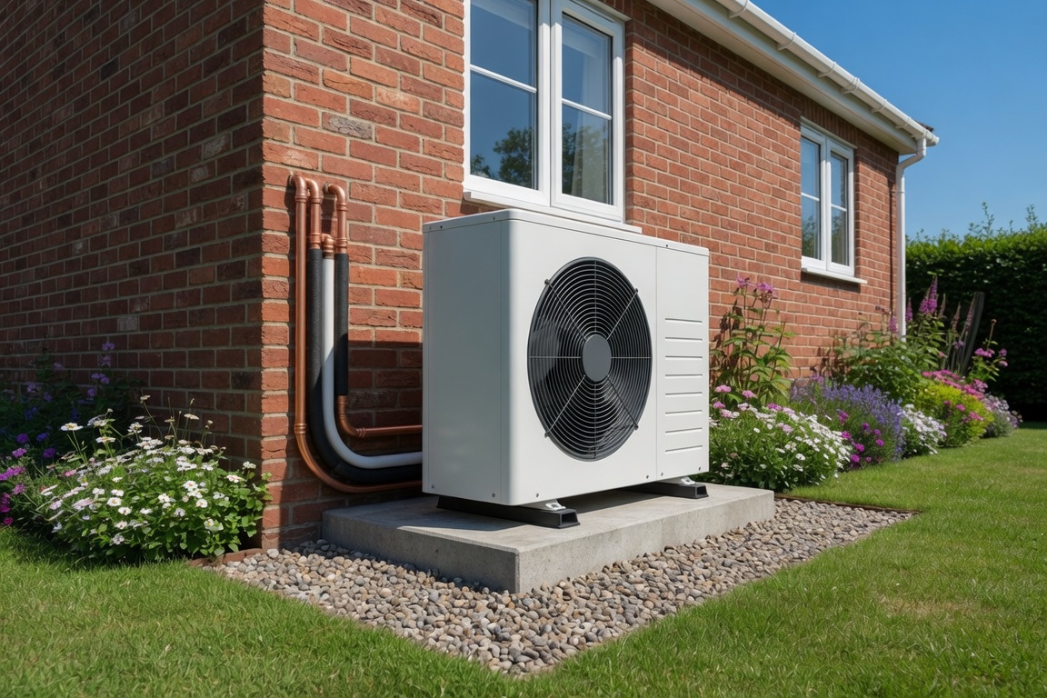 Air source heat pump installed on the side of a UK semi-detached house