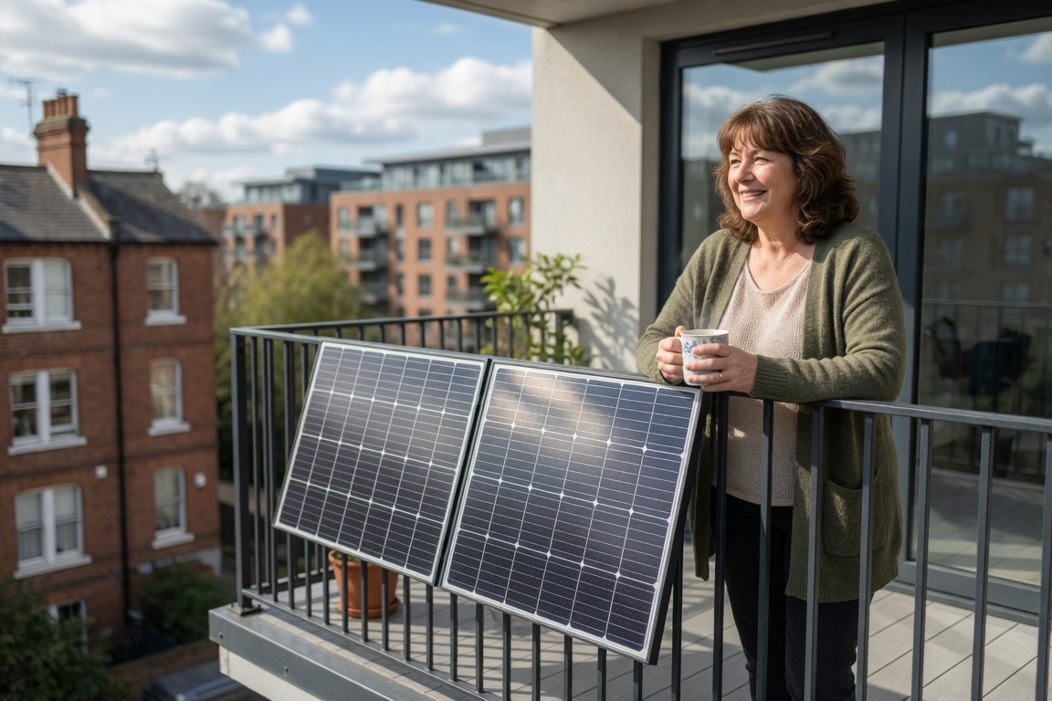 UK flat owner with plug-in solar panels mounted on balcony railing