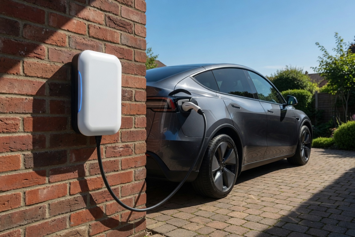 Best home EV charger installed on a UK house wall with electric car plugged in