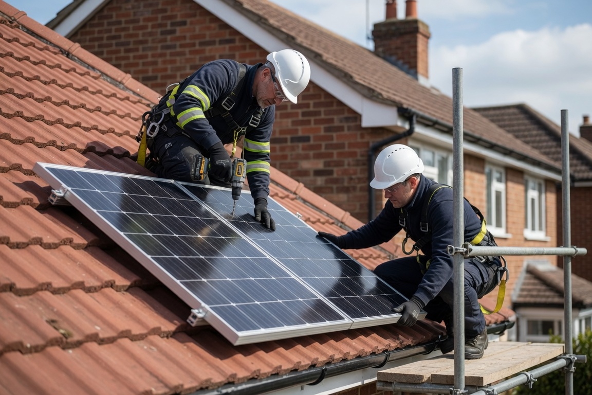 Two solar panel installers fitting panels on a UK house roof