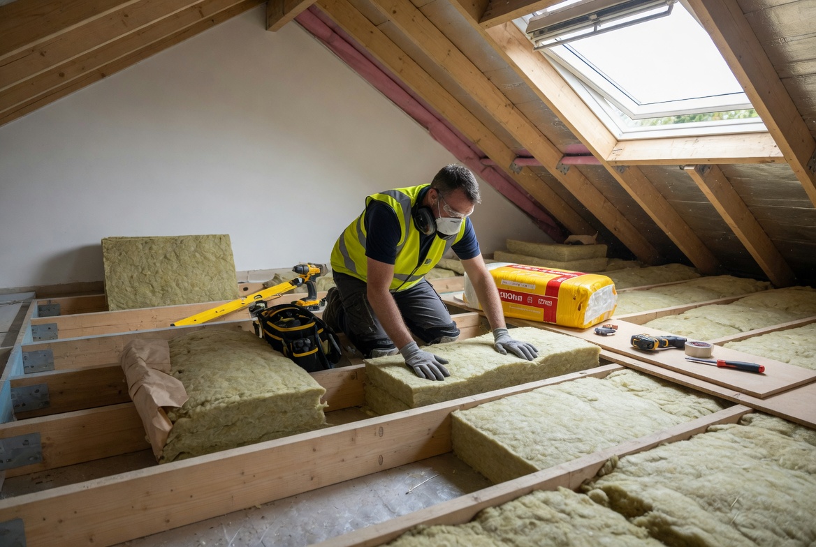 Professional installer fitting loft insulation in a UK home under the ECO4 scheme