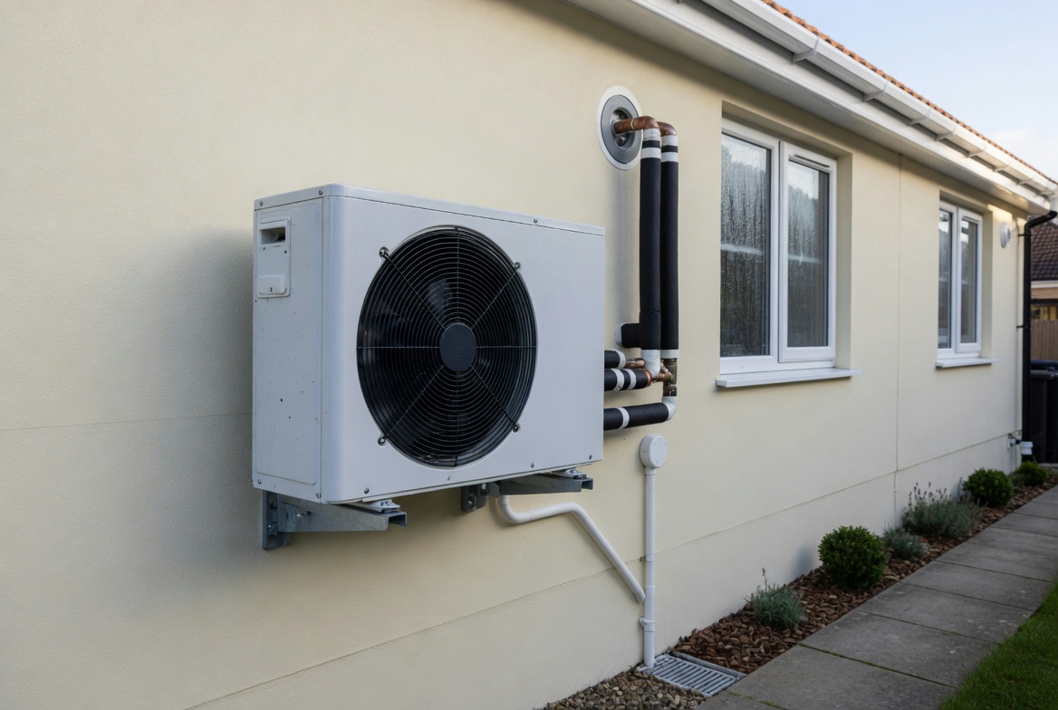 Air source heat pump installed outside a UK home funded by ECO4 scheme