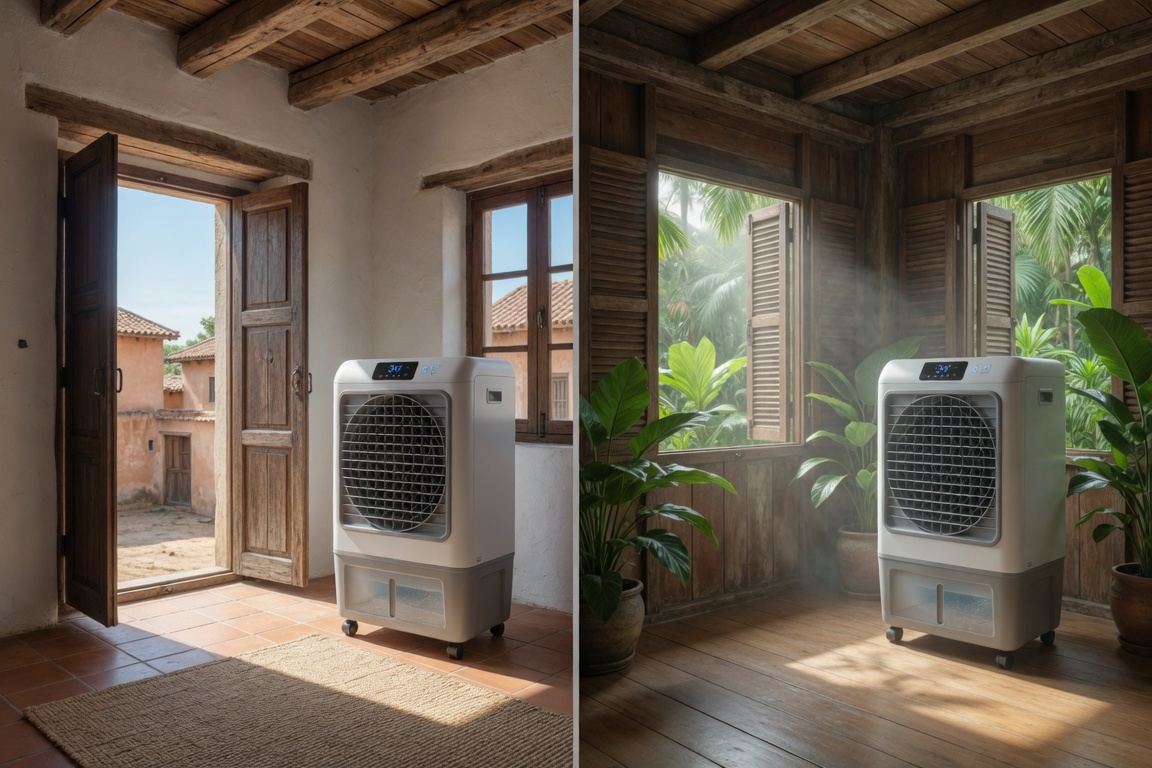 Evaporative cooler used in a dry Spanish home compared to a humid Thai home