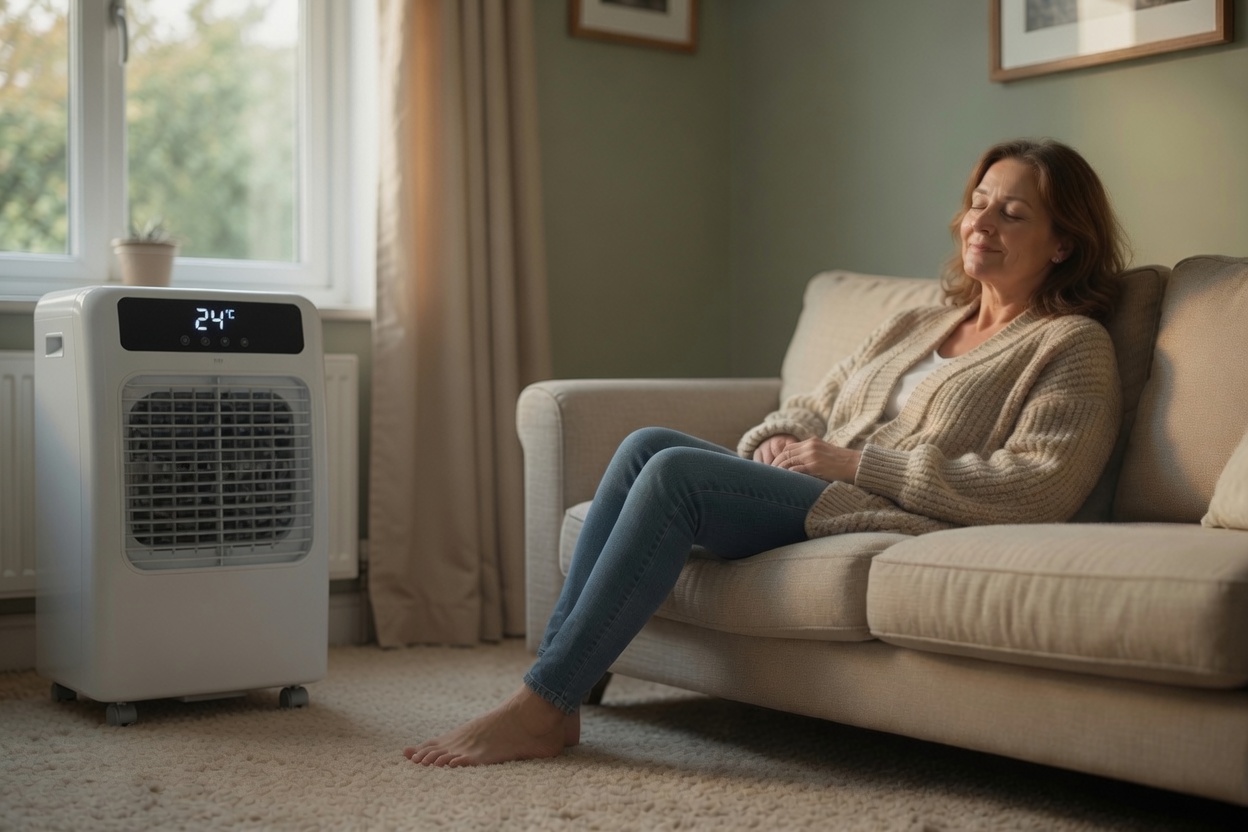 Portable air conditioner unit standing next to a window in a UK home