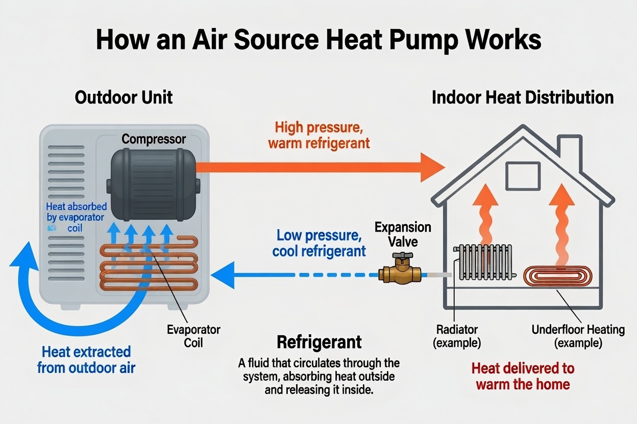 Diagram showing how an air source heat pump works — extracting heat from outdoor air and transferring it inside a home via a compressor and refrigerant