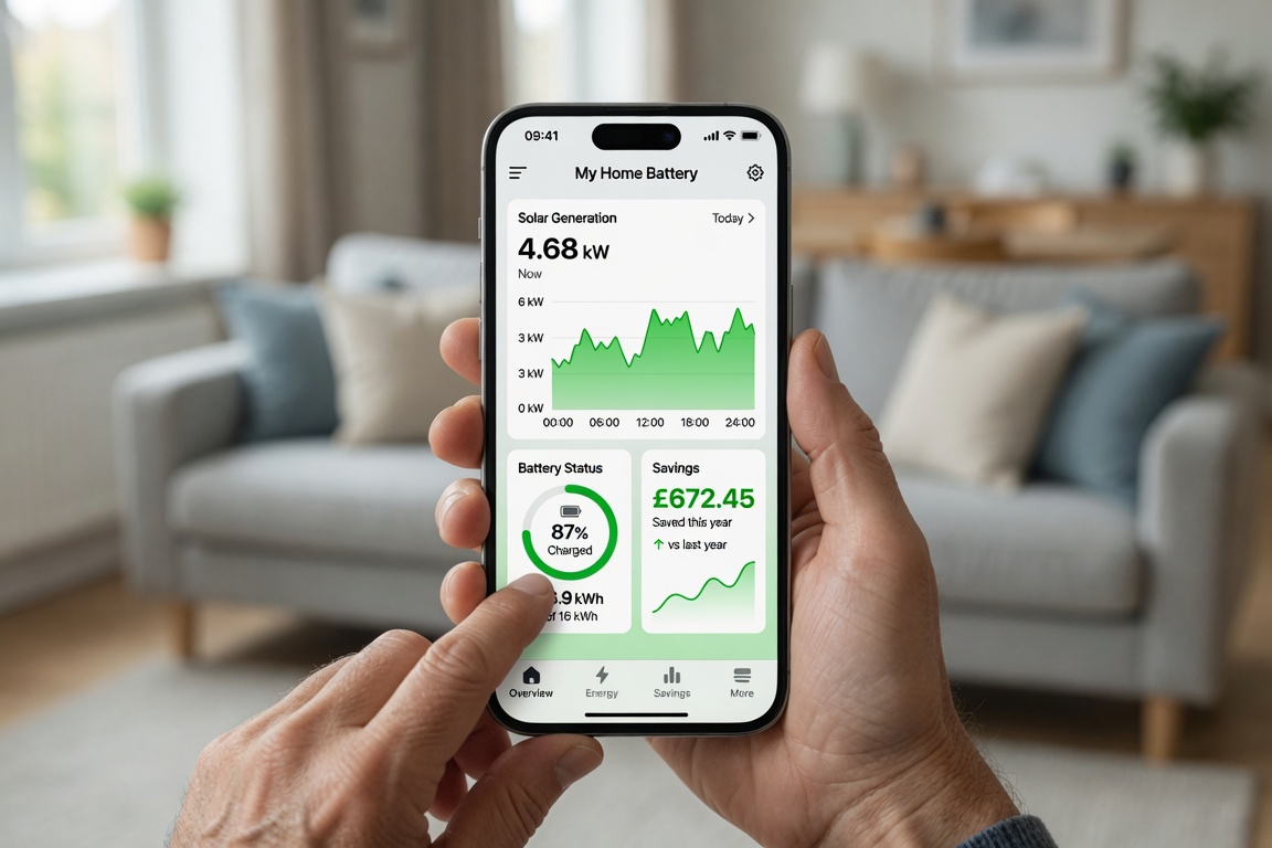 UK homeowner checking home battery storage app on smartphone