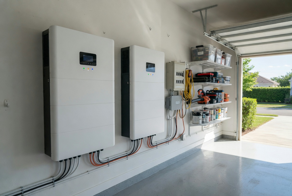 Dual wall-mounted home solar battery storage system with inverters and clean cable management installed in a residential garage