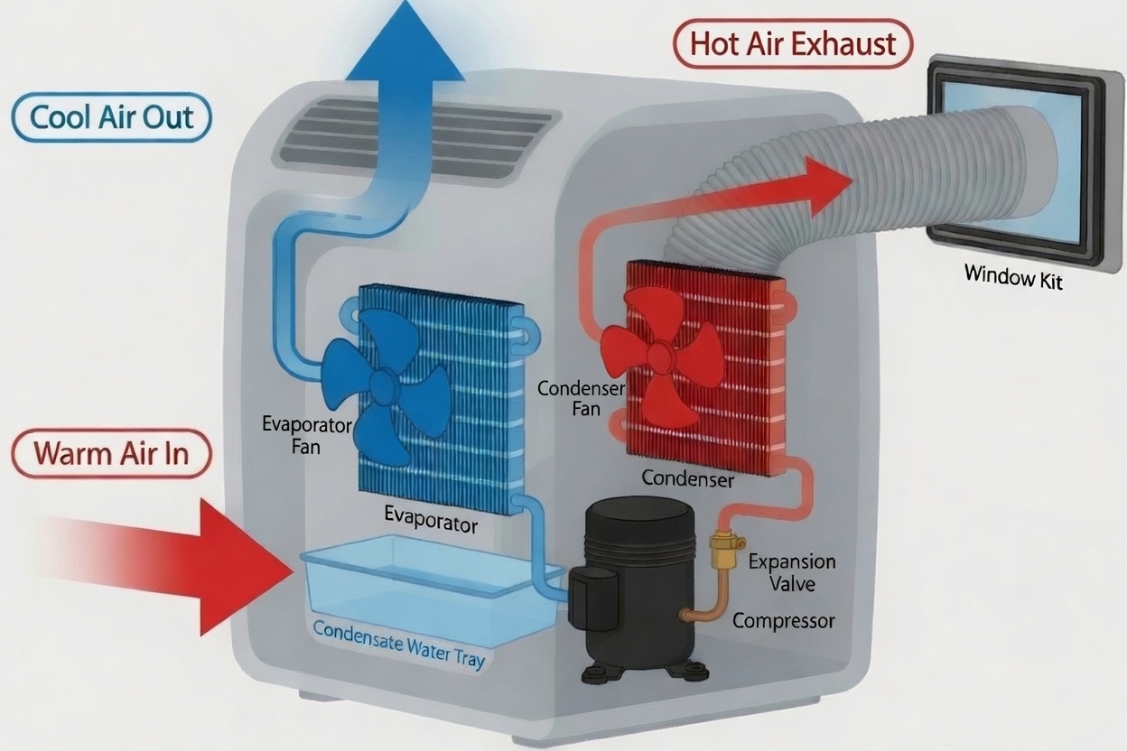 Diagram showing how air conditioning works in a UK home — hot air in, cold air out