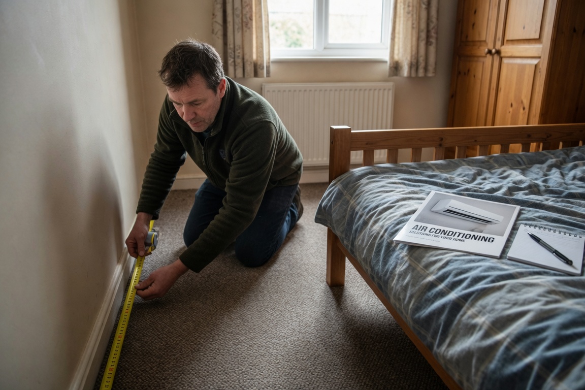 UK homeowner measuring bedroom size to calculate BTU needed for air conditioner