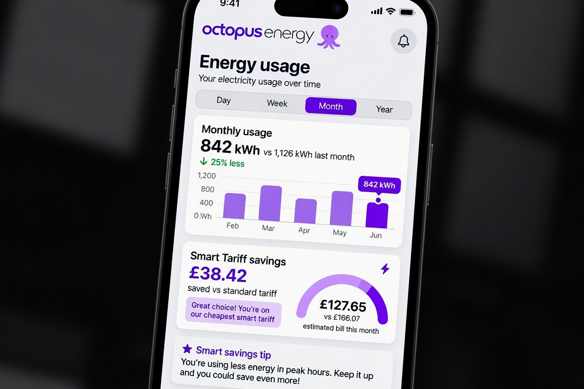 Octopus Energy app showing smart tariff energy usage and savings dashboard on smartphone
