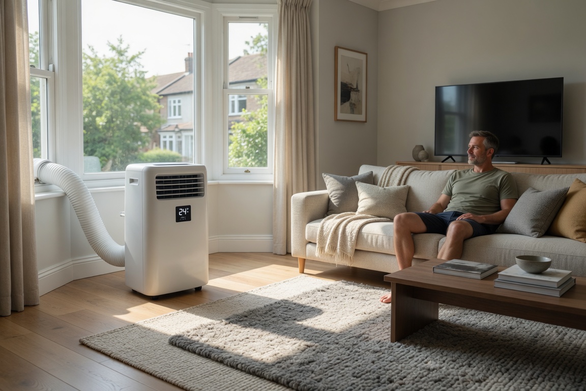 Portable air conditioner cooling a UK living room on a hot summer day