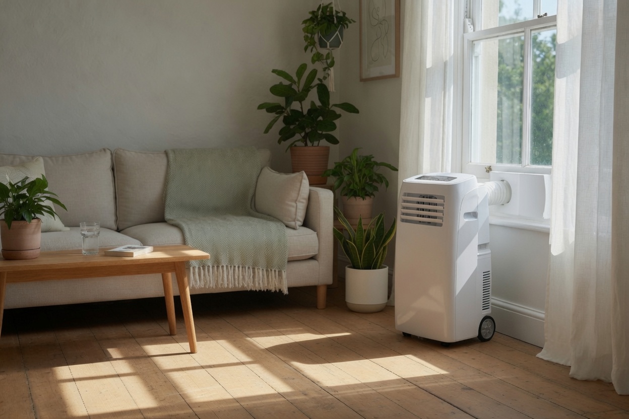 Portable air conditioner unit standing next to a window in a UK home
