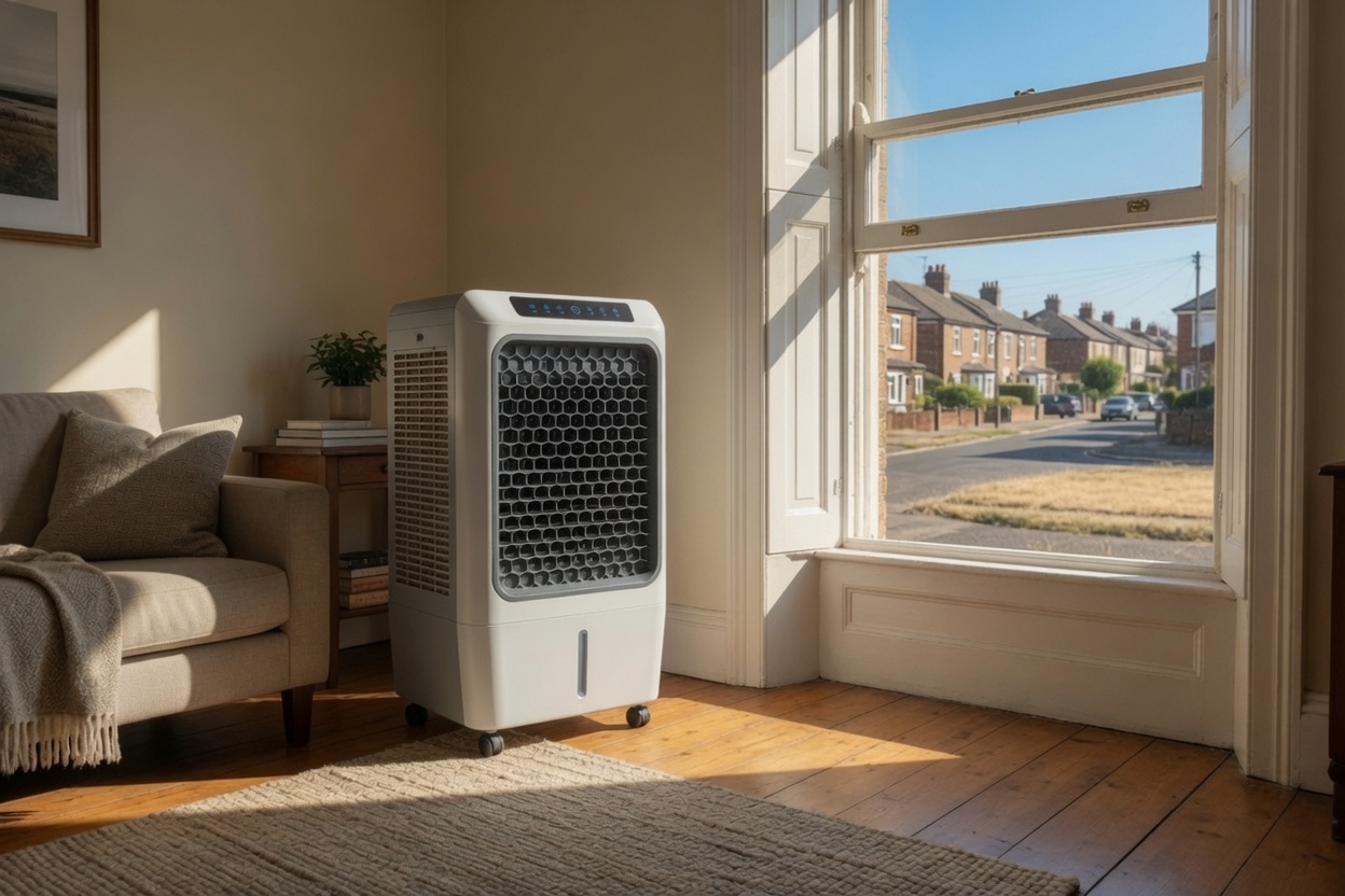 Portable evaporative cooler placed by open window in UK home on a dry summer day