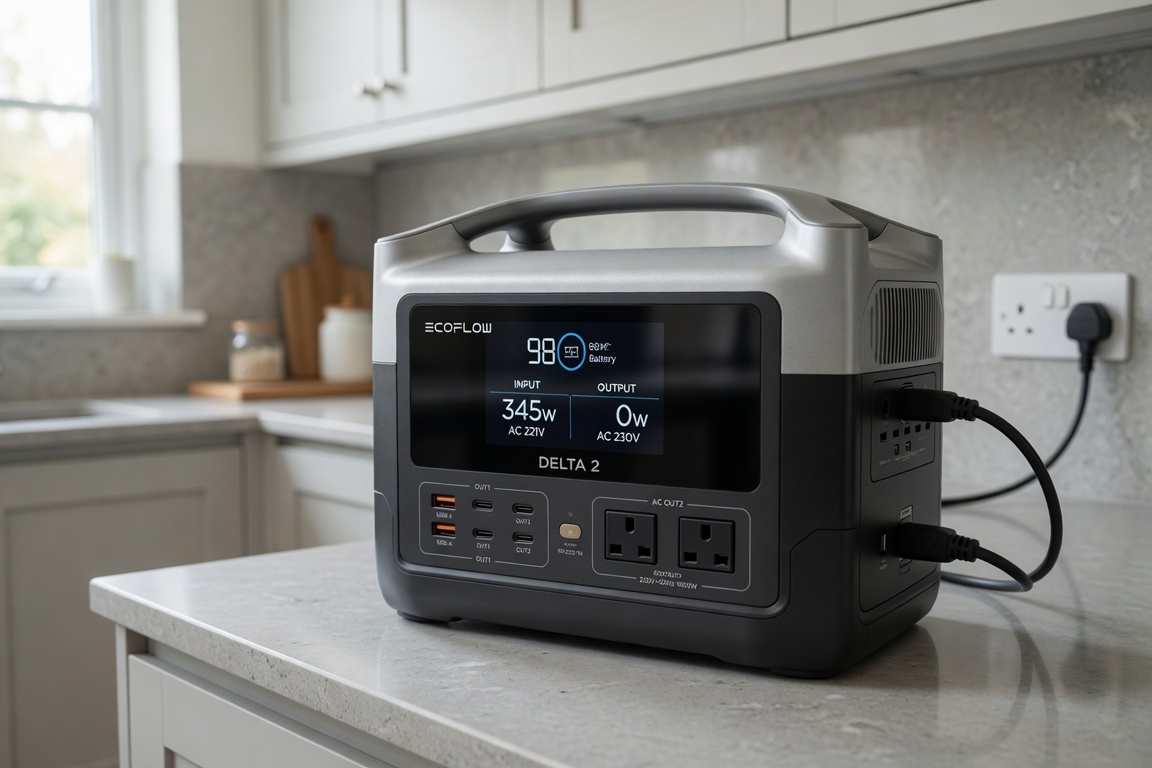 Portable power station charging on a UK kitchen worktop