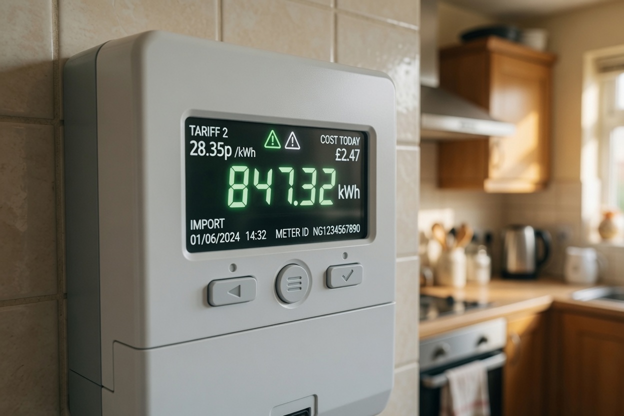 Smart meter showing energy usage in a UK home ahead of July 2026 price cap rise