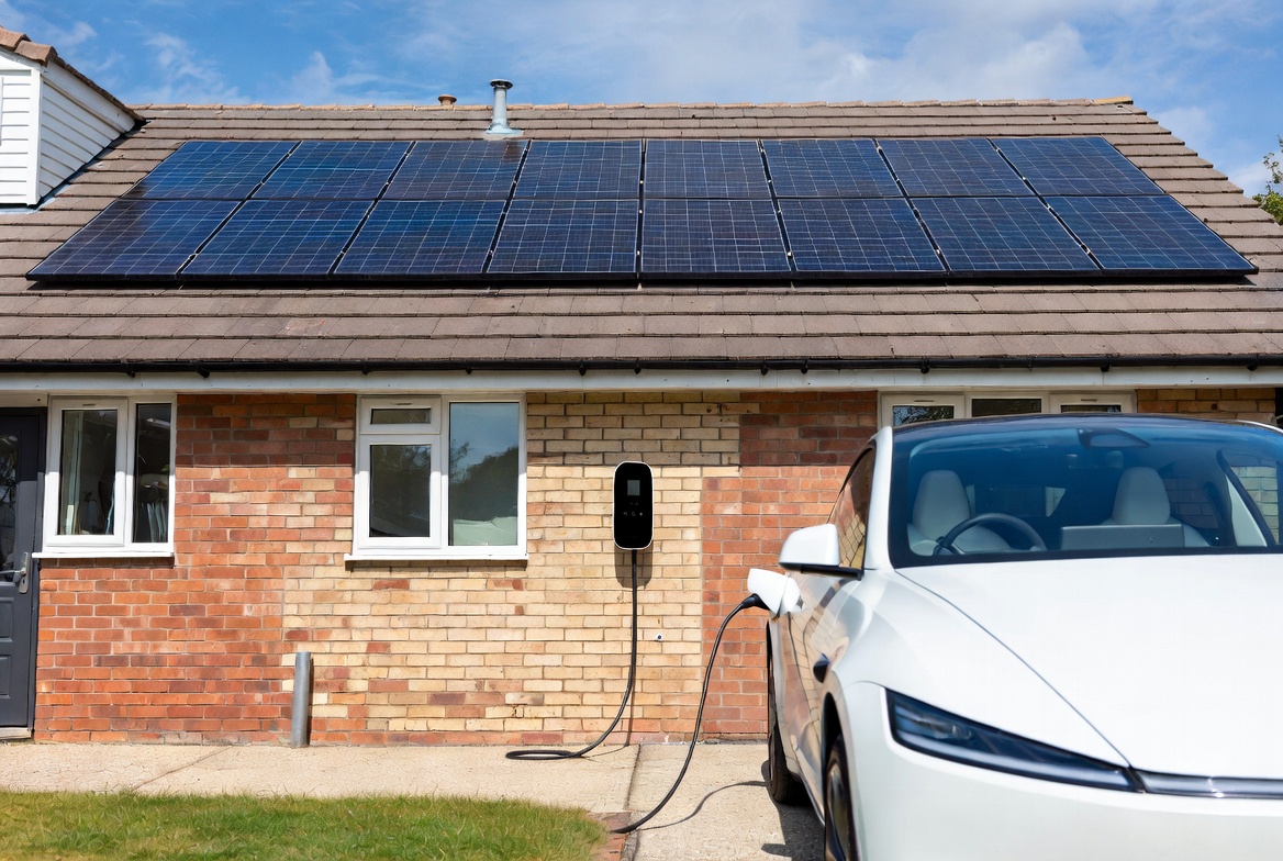 Electric car charging at home with solar panels on roof UK