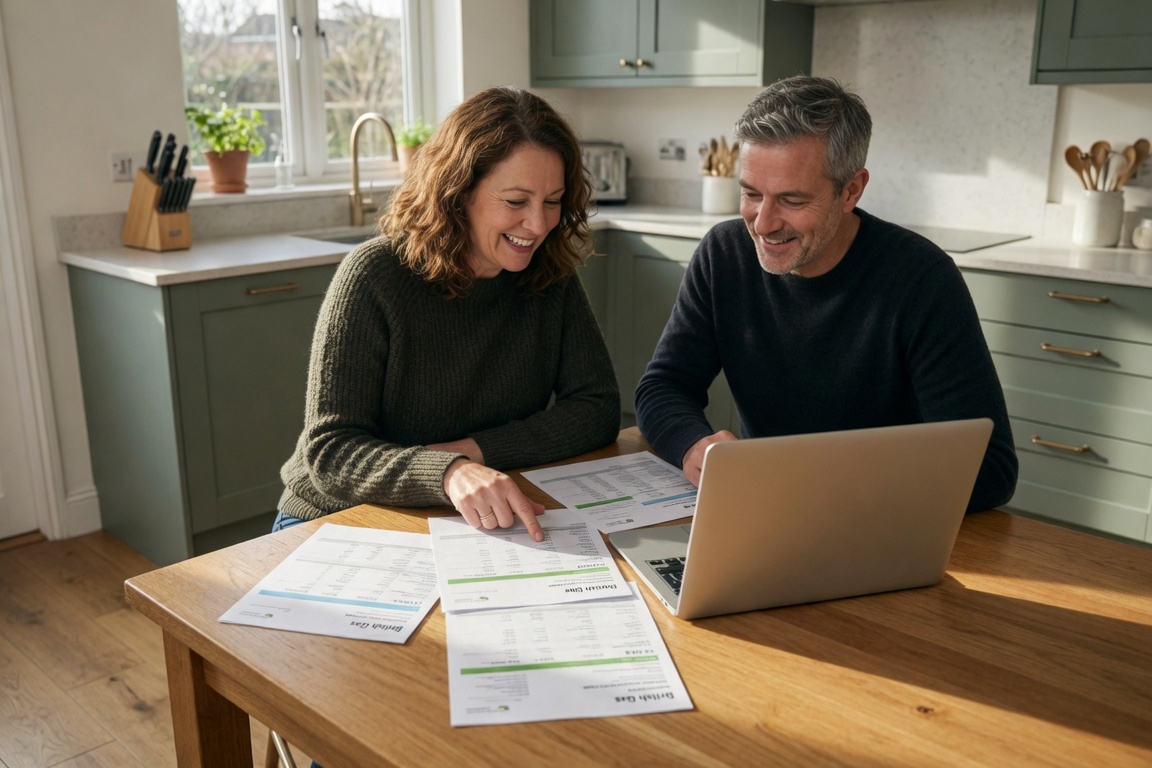 UK homeowner couple reviewing energy bills at kitchen table after installing a heat pump