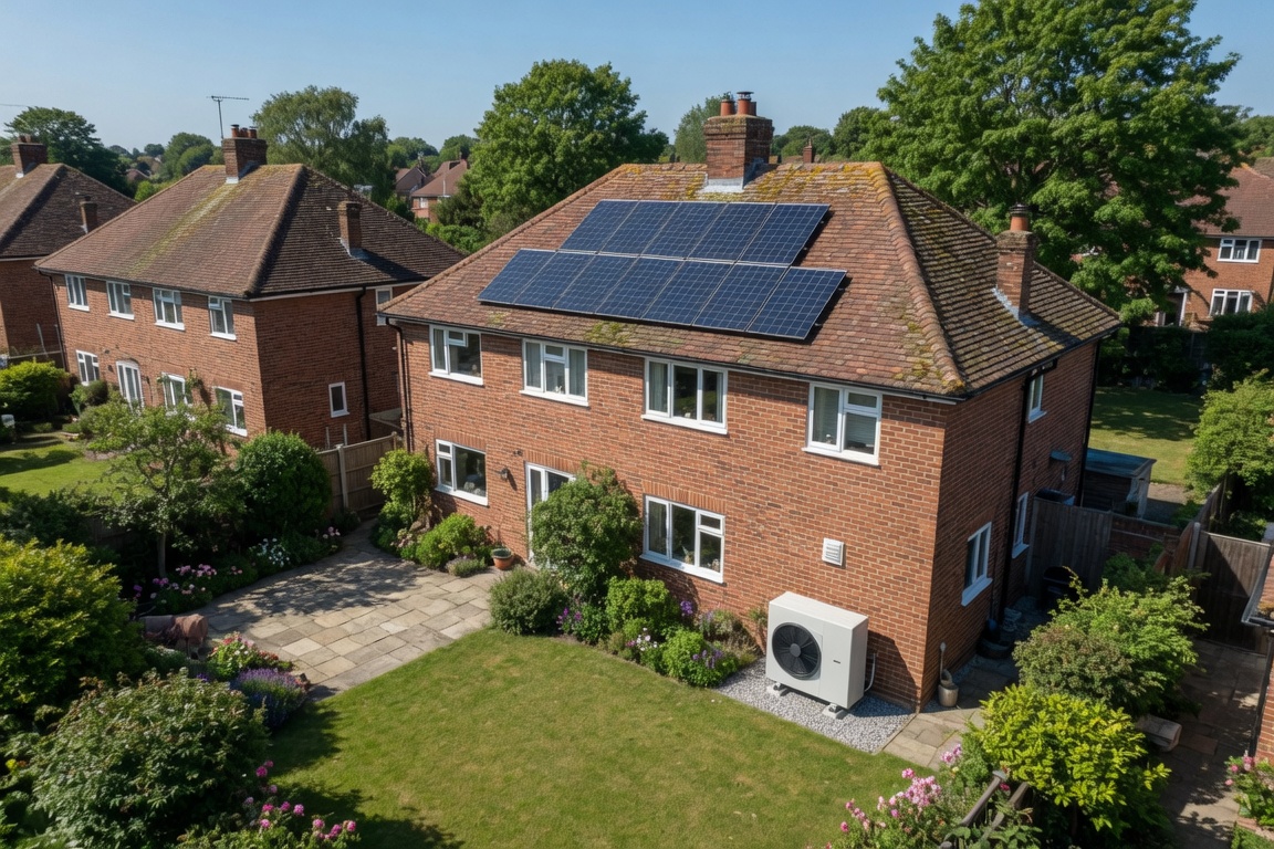 Aerial view of a UK house with solar panels on the roof and a heat pump in the garden
