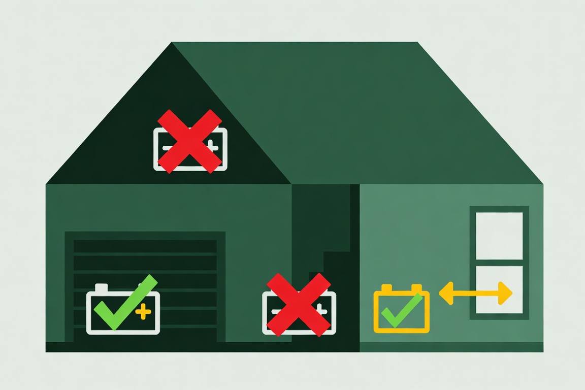 Where home batteries can and cannot be installed in the UK from October 2026, showing lofts and escape routes banned
