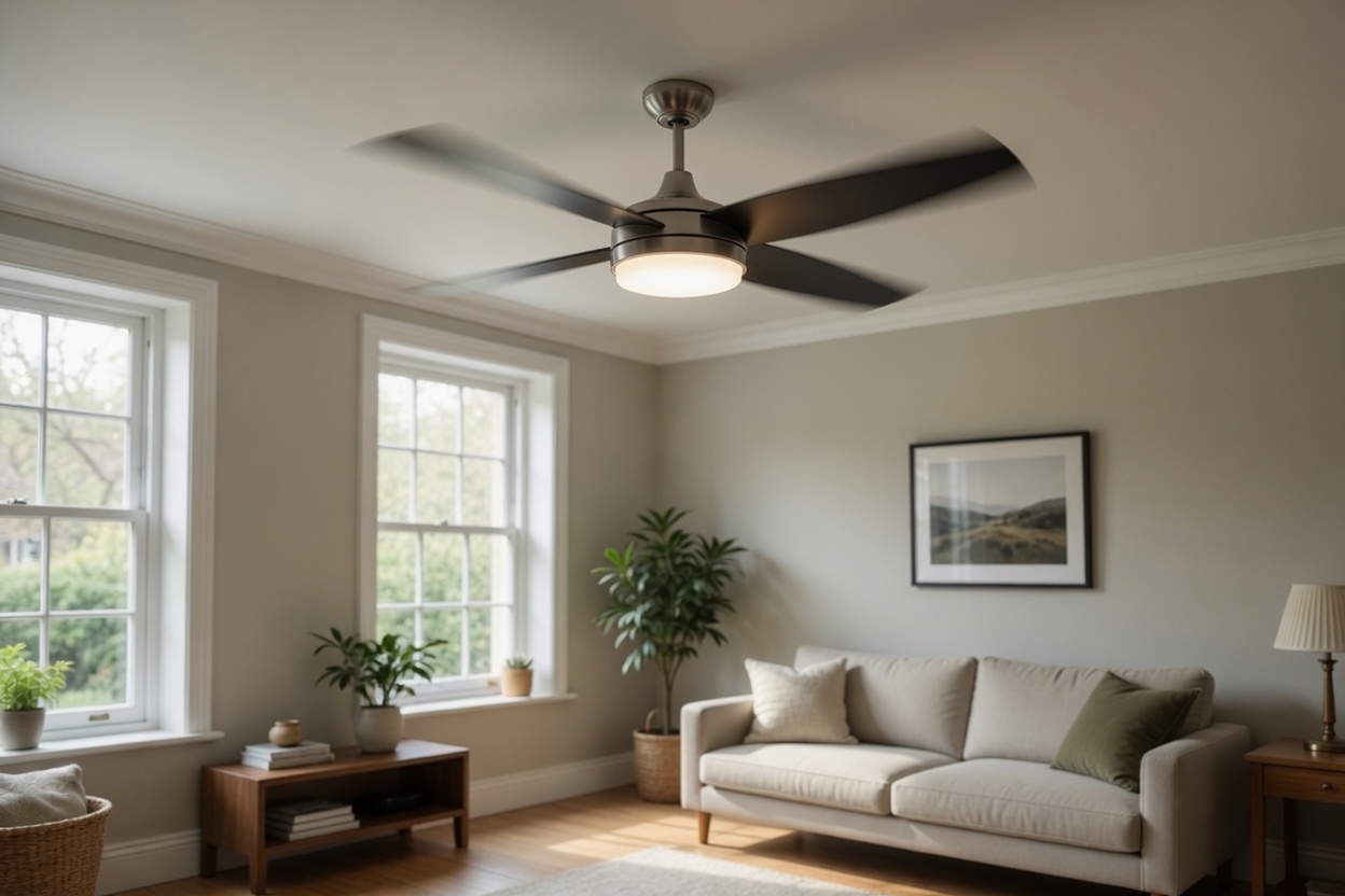 Best ceiling fan UK installed in a modern living room with light fitting