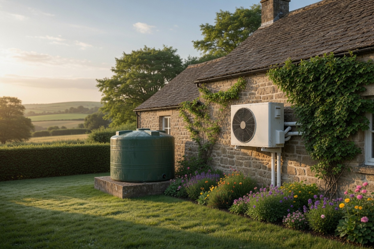 Rural UK home with oil tank replacing it with heat pump under Boiler Upgrade Scheme £9,000 grant