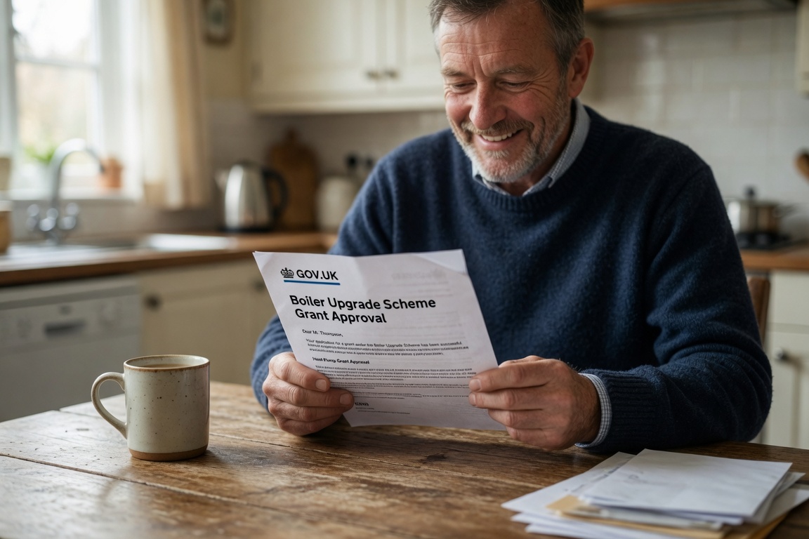 UK homeowner receiving Boiler Upgrade Scheme grant notification letter