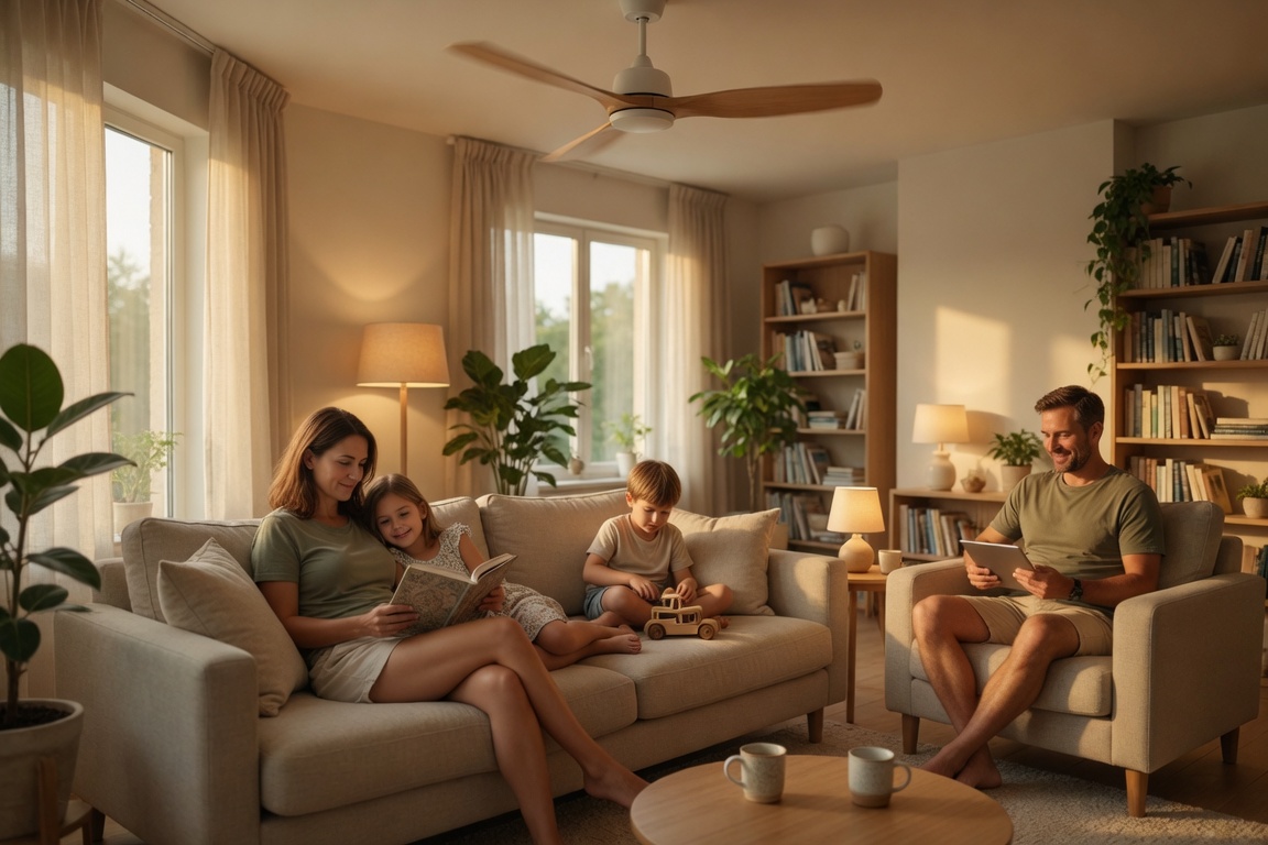 UK family relaxing comfortably under a ceiling fan in a living room on a warm summer evening