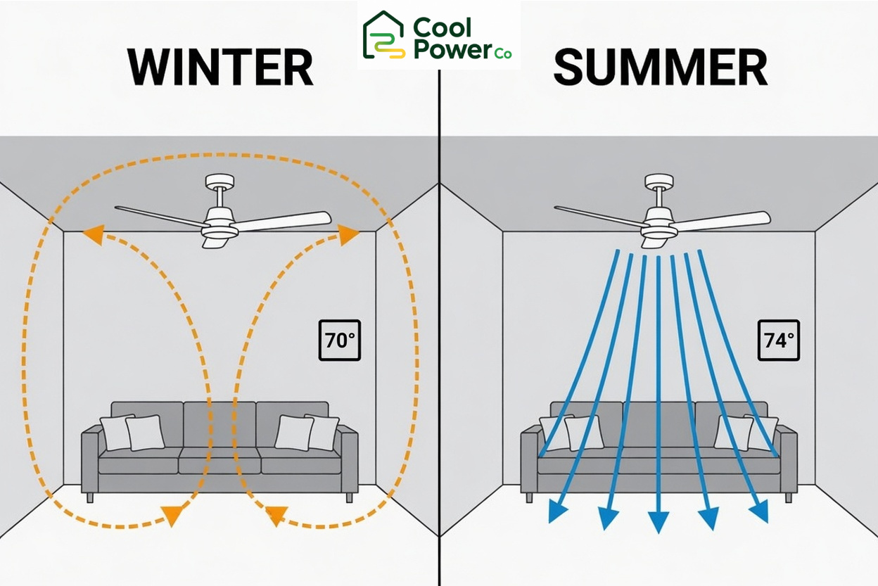 Ceiling fan reversible motor direction diagram showing counterclockwise for summer cooling and clockwise for winter heating