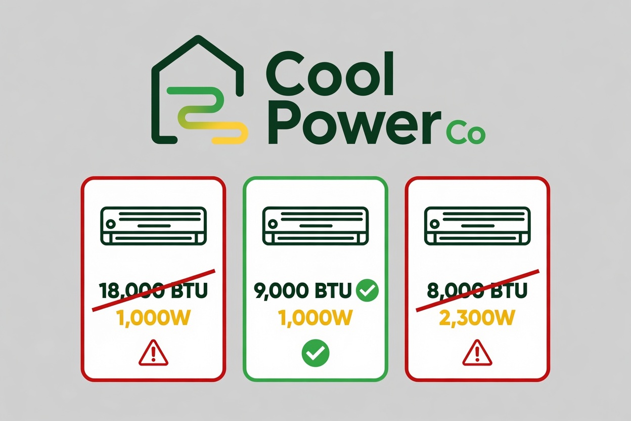 Comparison of fake and genuine portable air conditioner listing specifications showing BTU and wattage mismatches