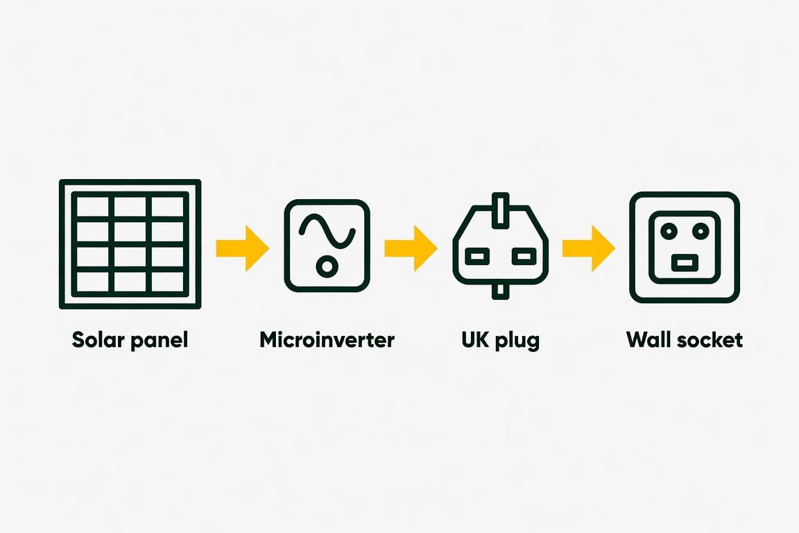 Diagram showing how a UK plug-in solar kit connects from panel through microinverter and plug to a wall socket