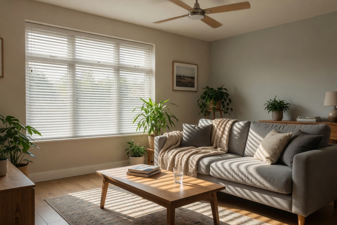 How to cool your home without AC — UK living room with closed shutters, ceiling fan and cross ventilation on a hot summer day