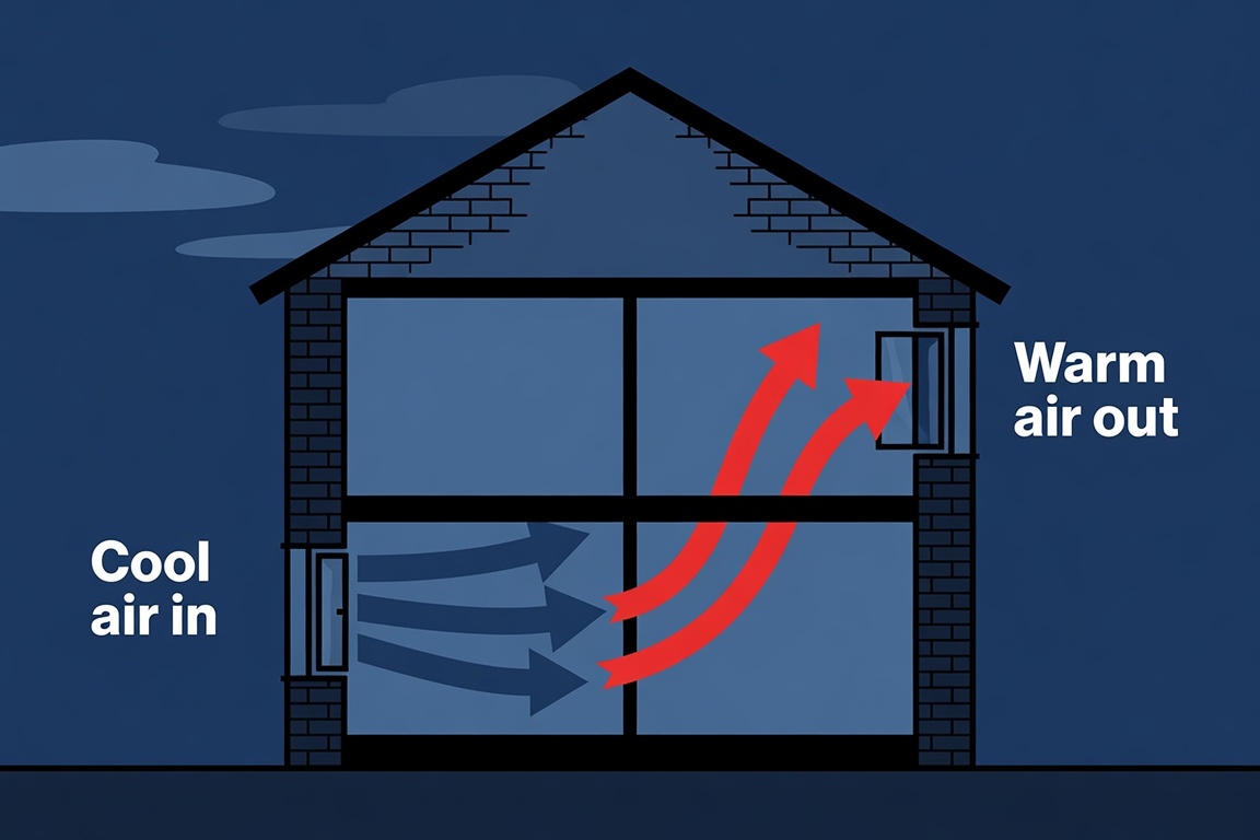 Night purge ventilation diagram showing cross breeze and stack effect airflow through a two storey UK house at night
