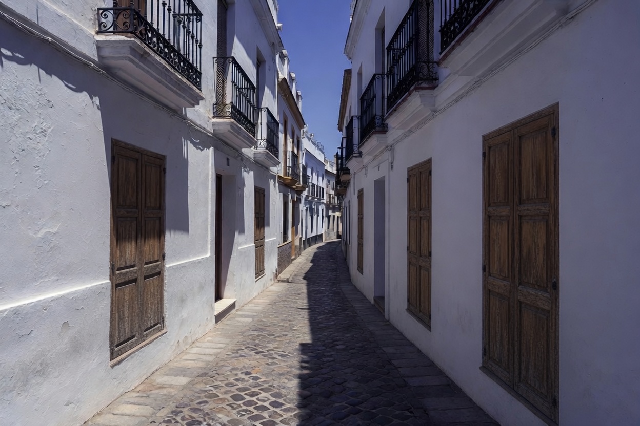 Traditional Spanish street with closed external shutters at midday showing centuries old passive cooling techniques
