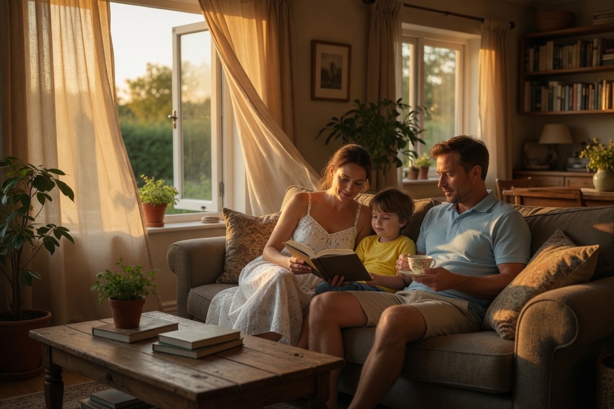 UK family relaxing in a cool living room in the evening with windows open for night purge ventilation