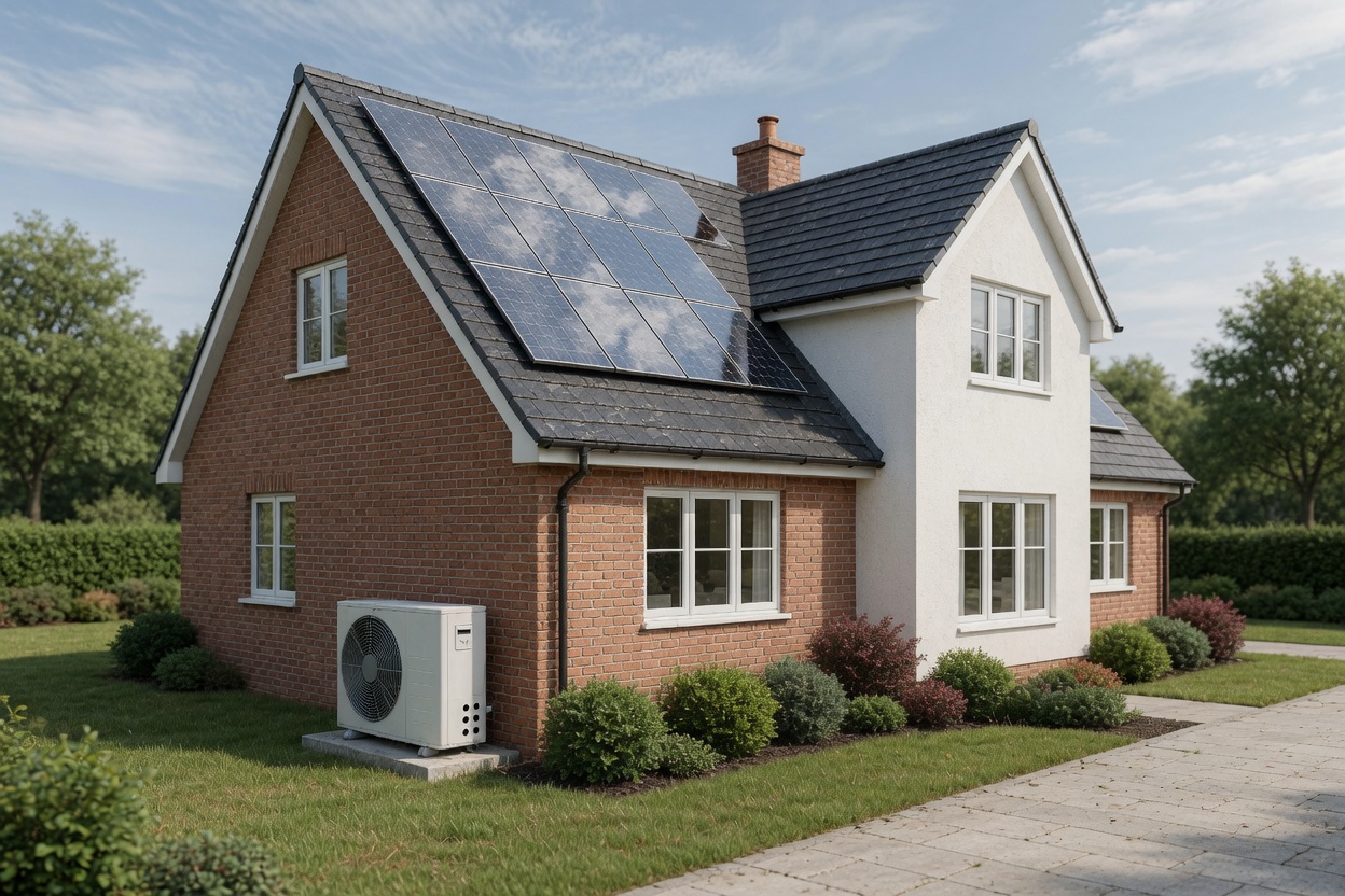 UK home with air source heat pump and solar panels replacing oil heating system