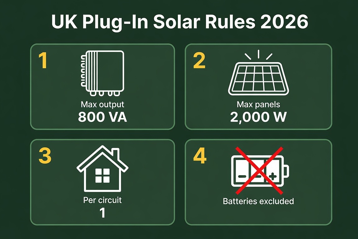 UK plug-in solar 2026 product specification rules — 800VA output, 2000W panels, one per circuit, batteries excluded