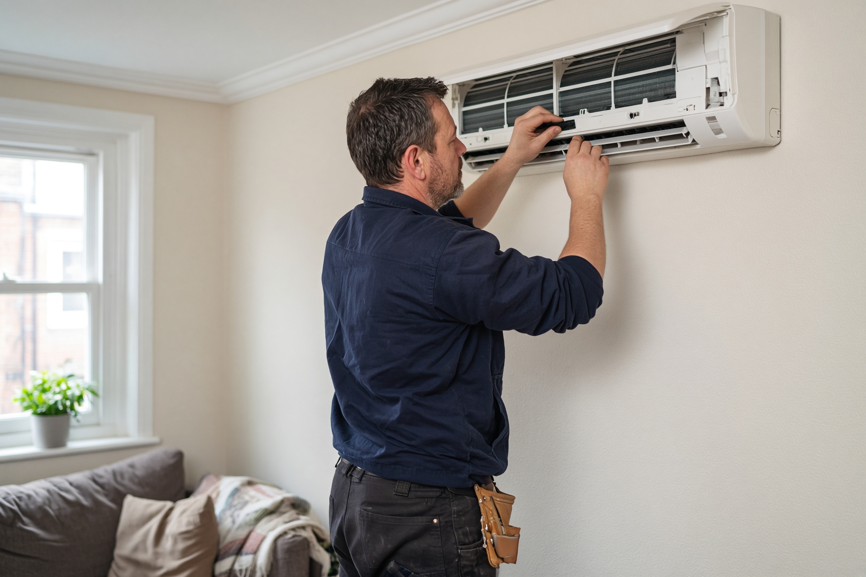 F-Gas certified engineer servicing a split air conditioning indoor unit in a UK home