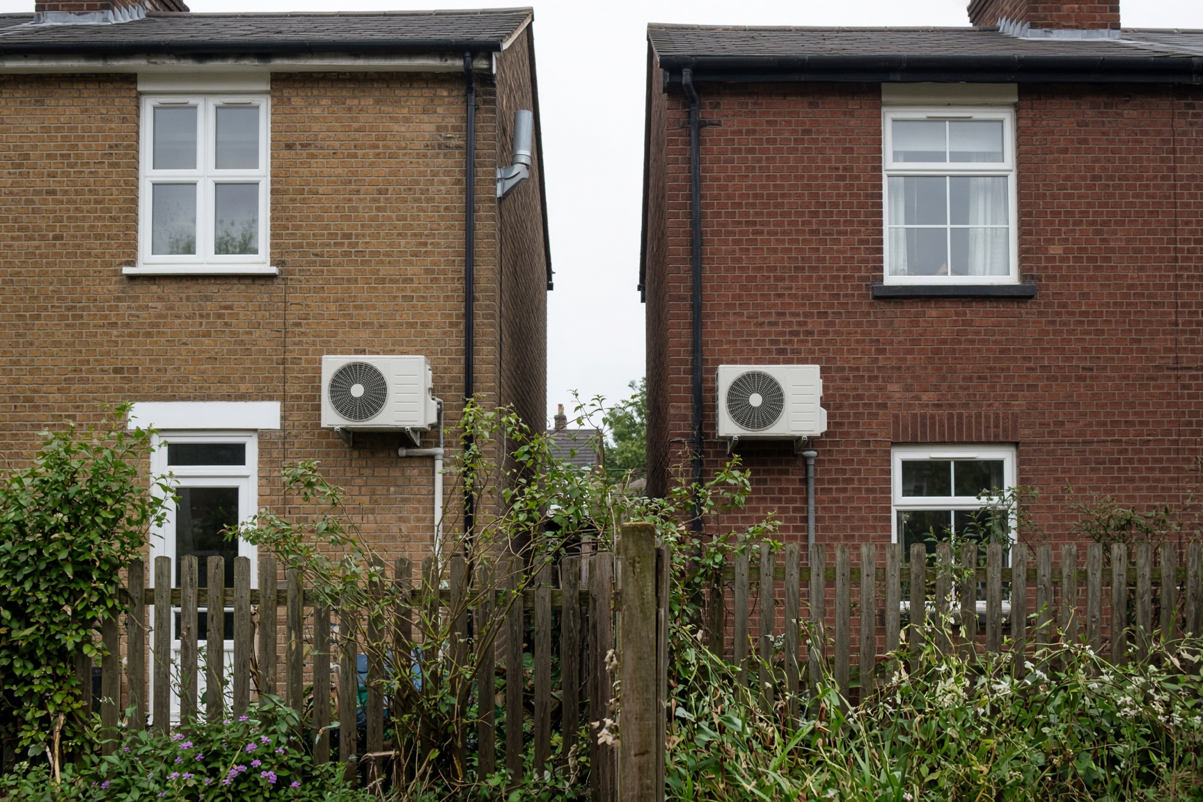 Split system outdoor AC units mounted close together on UK terraced houses near a shared boundary