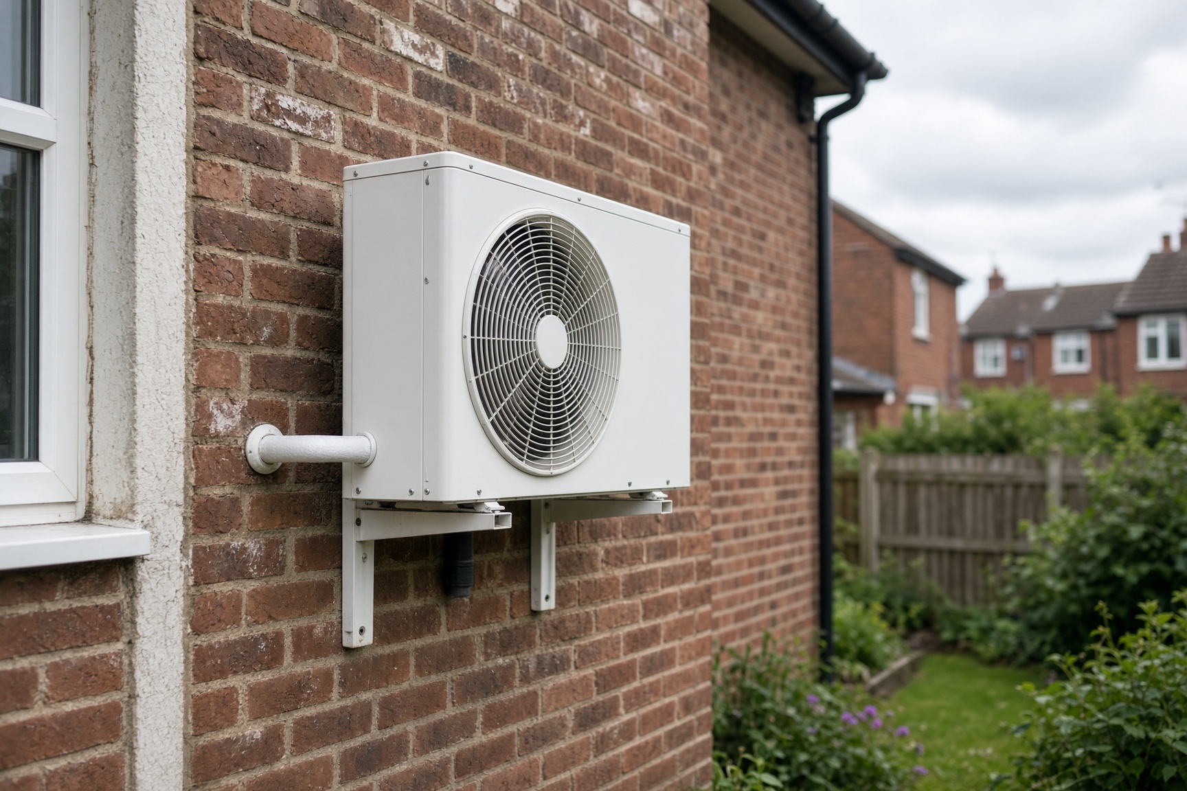 Air conditioning installation UK — outdoor condenser unit mounted on the exterior wall of a UK semi-detached house