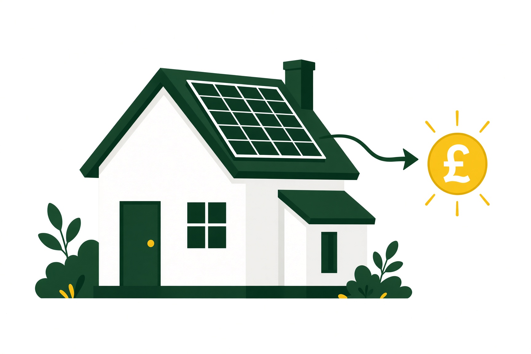 Illustration of a UK home with solar panels exporting surplus electricity to the grid for payment