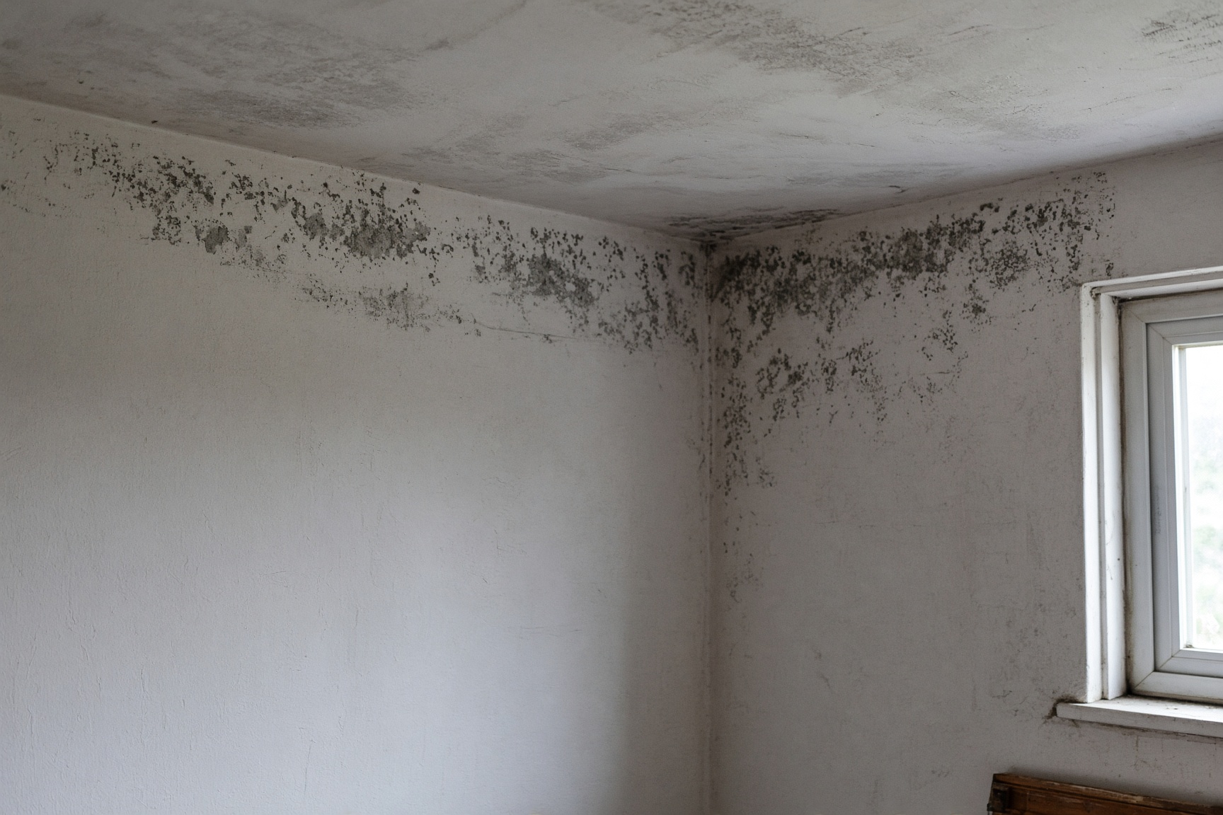 Black mould in bedroom corner near window in a UK home during autumn