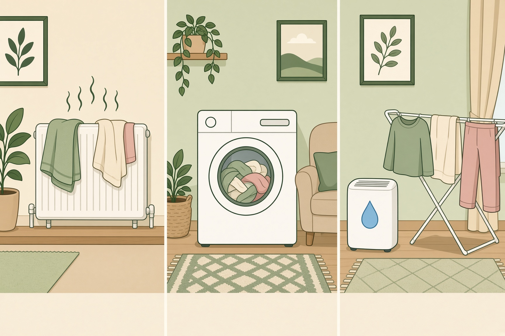 Three ways to dry washing indoors in a UK home — radiator, tumble dryer, and dehumidifier
