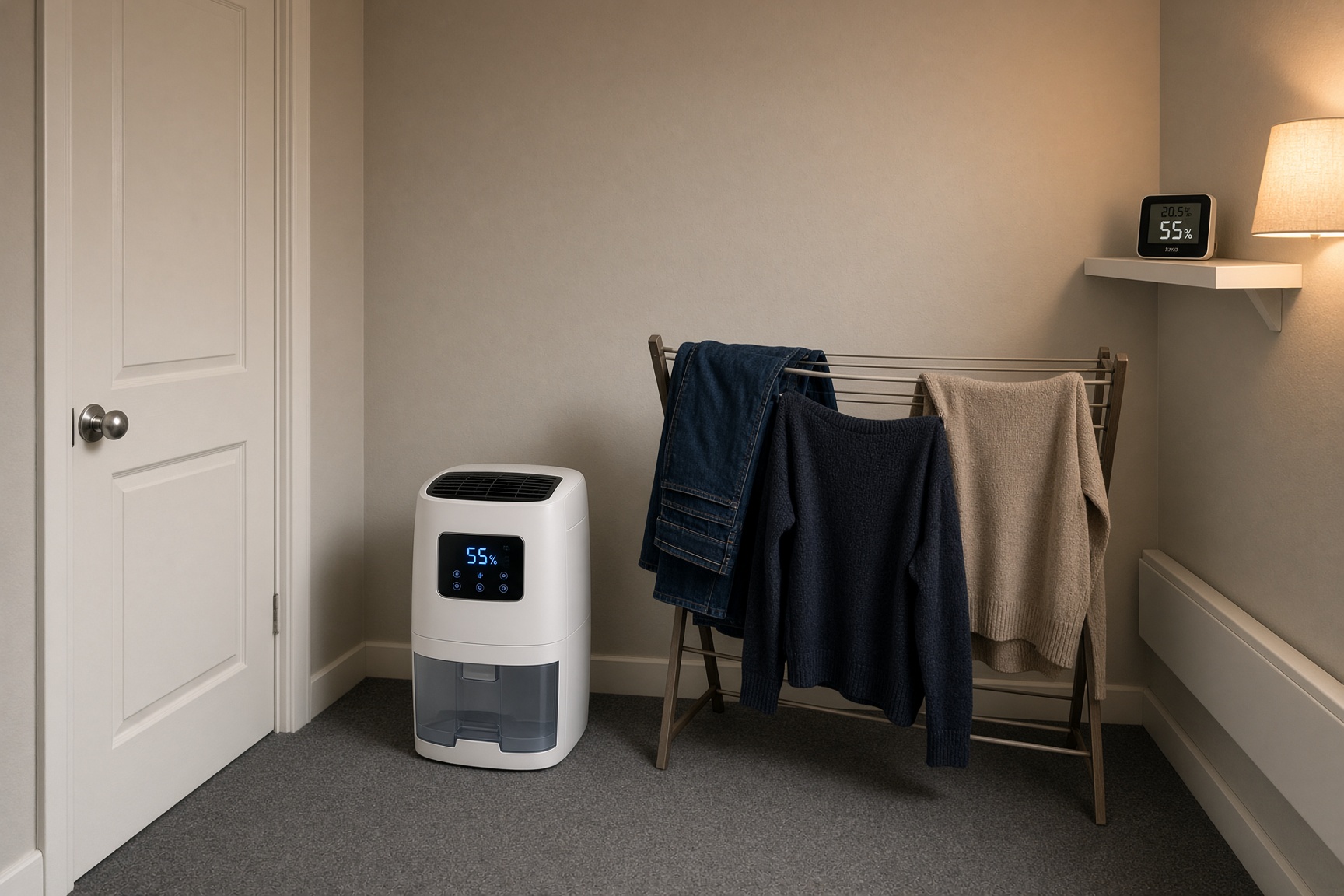 Best dehumidifier UK: compact dehumidifier running beside a clothes airer in a small UK room, with a hygrometer reading 55% humidity